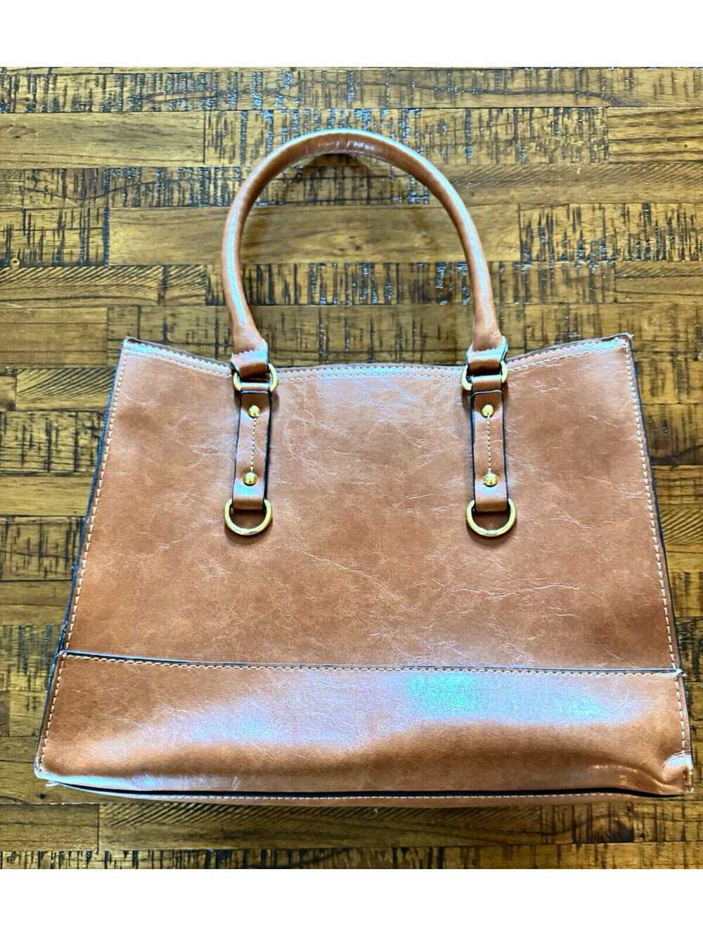 Brown Satchel Top Handle Bag Gold Hardware Magnetic Closure Double Handles